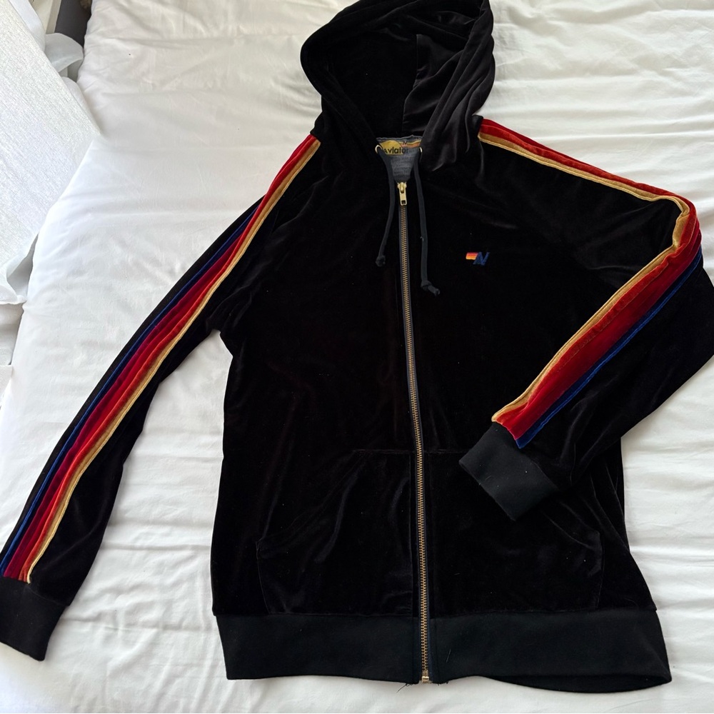 Aviator Nation Black Velour Hoodie with Colorful Stripes